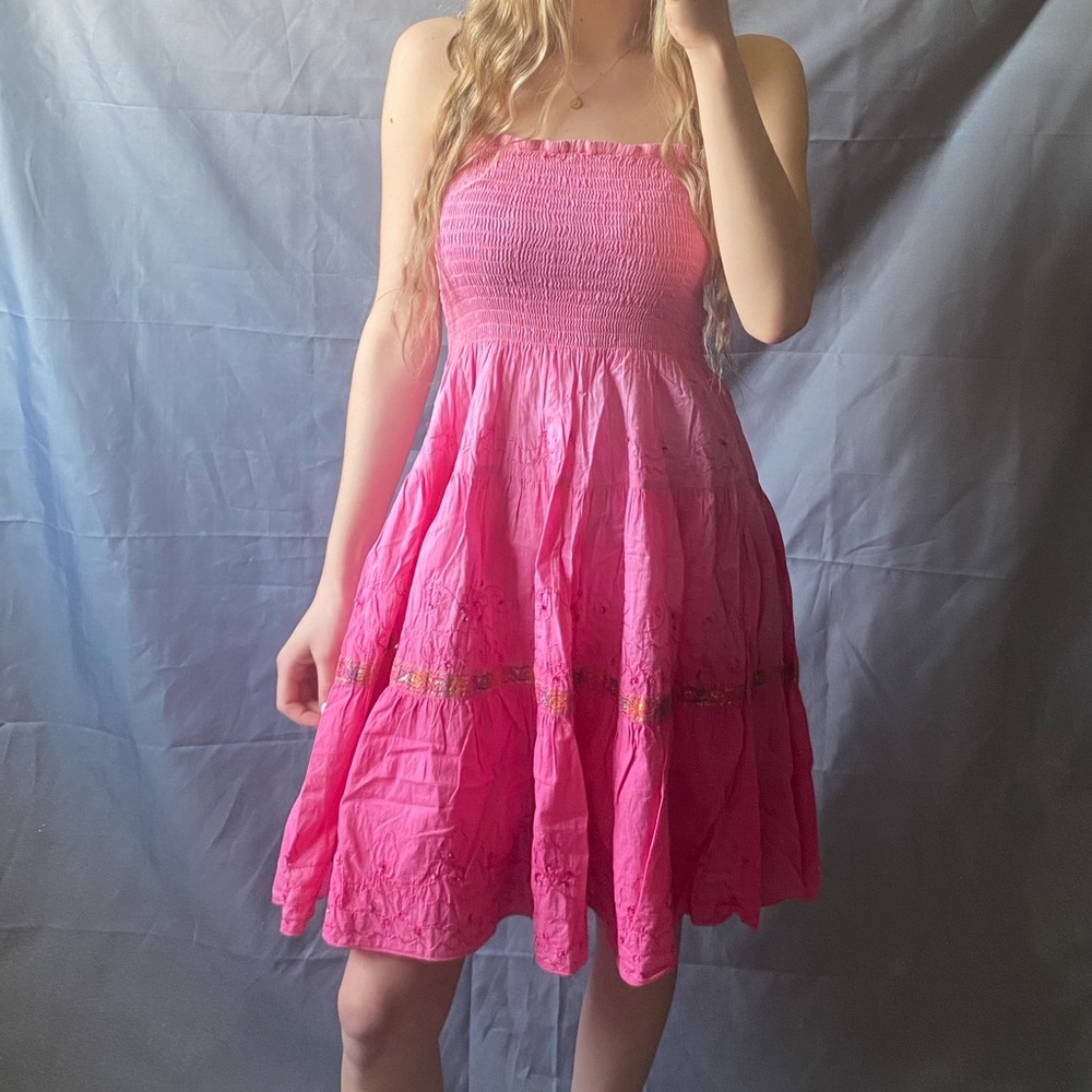 Beautiful Nancy K Small 100% Cotton Pink Beaded And Embroidered Strapless Dress